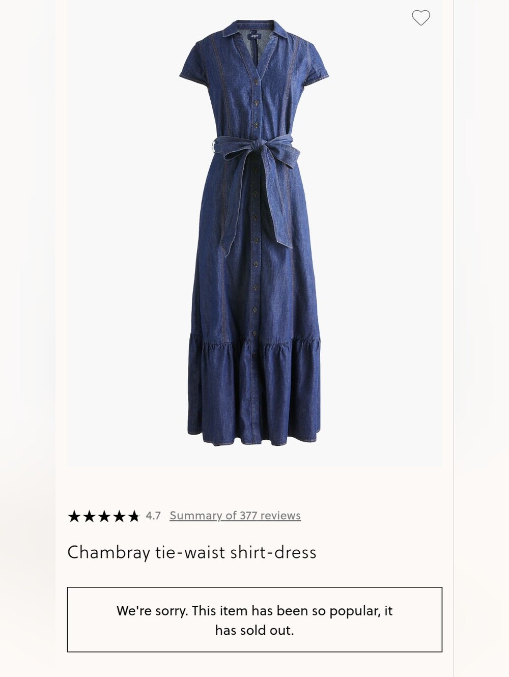 J. Crew Indigo Long Dark Wash Denim Dress Ruffle Hem Cap Sleeve Size 8